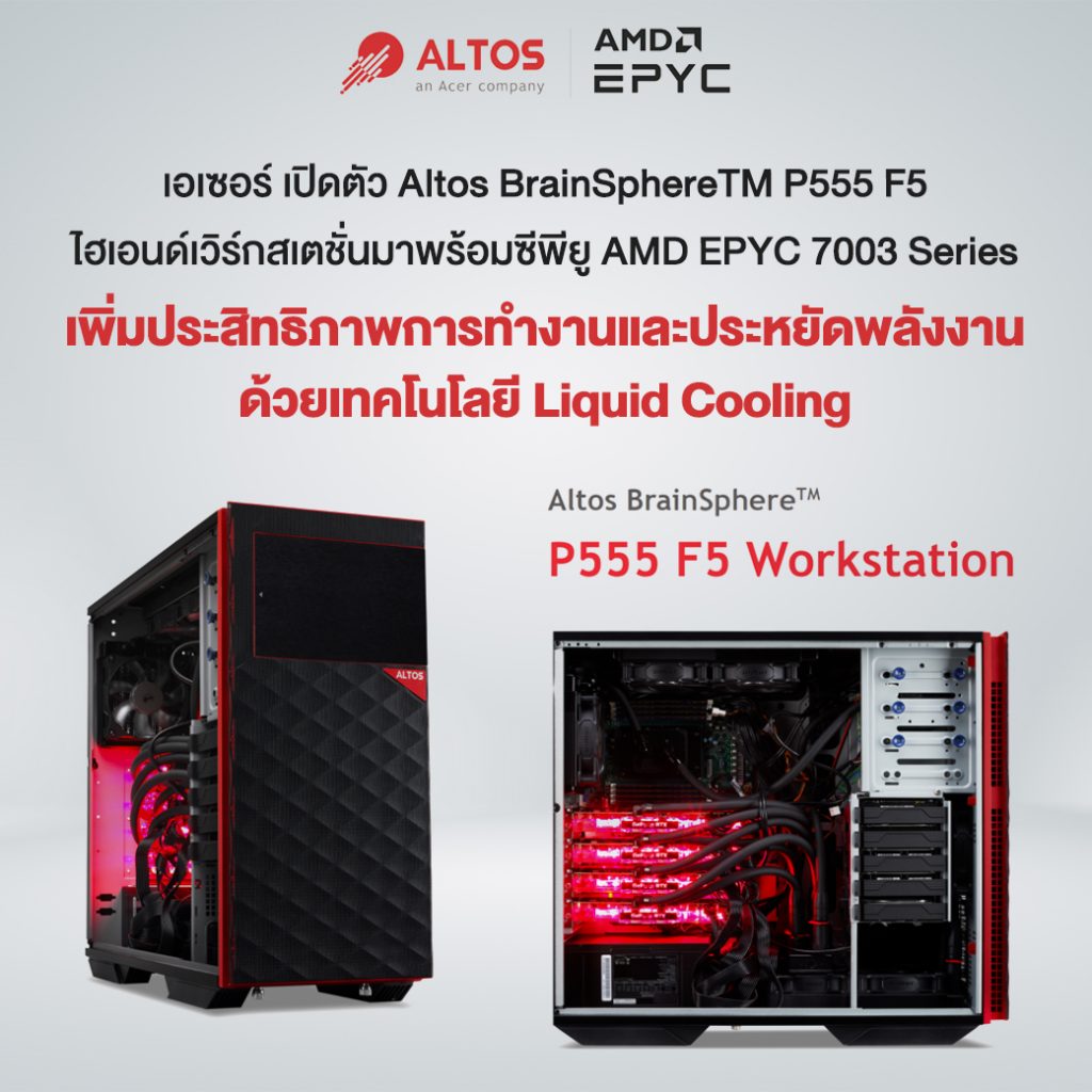 เอเซอร์ เปิดตัว Altos BrainSphere™ P555 F5 ไฮเอนด์เวิร์กสเตชั่นมาพร้อมซีพียู AMD EPYC™ 7003 Series เพิ่มประสิทธิภาพการทำงานและประหยัดพลังงานด้วยเทคโนโลยี Liquid Cooling